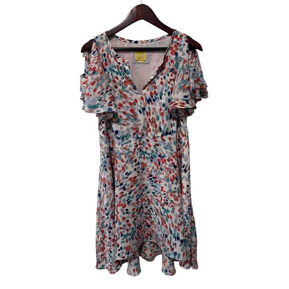 Maeve Anthropologie Multicolored Mini Dress Flutter Sleeve Cold Shoulder XS - Picture 1 of 13